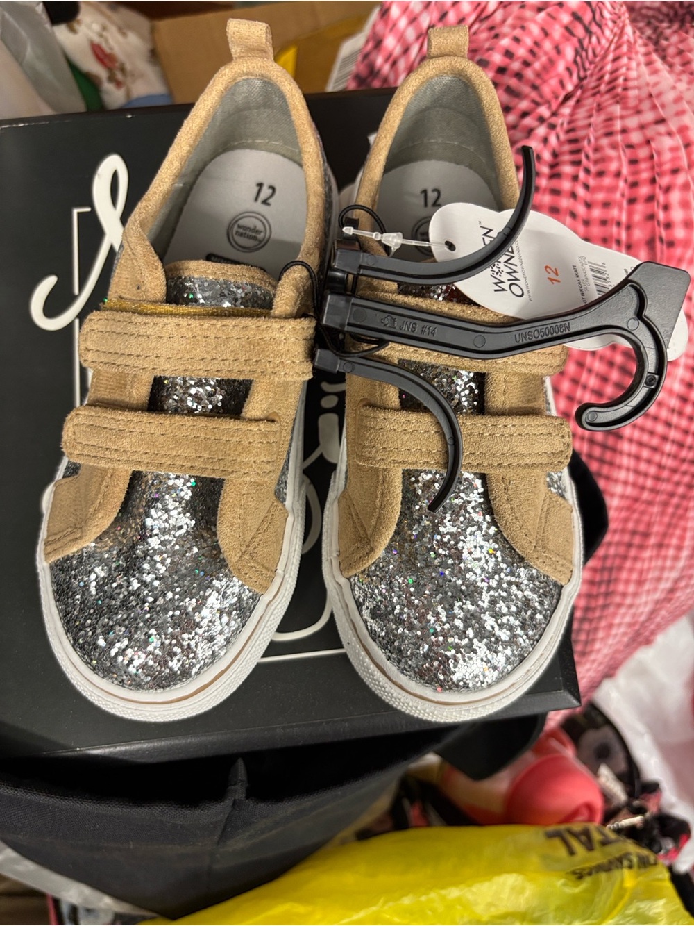 NWT wonder nation Silver Glitter Kids Sneakers with Tan Accents Velcro Straps 12